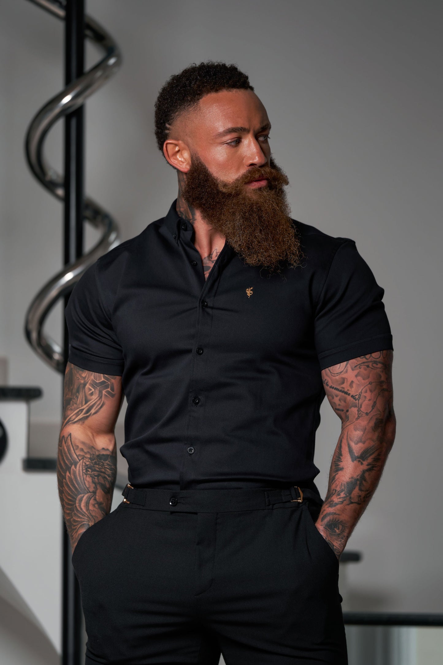 Elevate Your Style with Father Sons Slim Fit Black Stretch Trousers Featuring Luxurious Gold Waist Adjusters - FST018 (Available for Pre-Order Starting September 19th)
