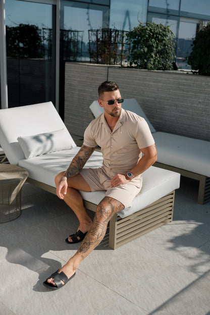 Elevate Your Style with the Father Sons Stretch Beige & Gold Short Sleeve Revere Shirt - FSH1075
