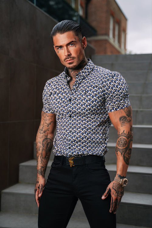 Elevate Your Style with Father Sons Super Slim Fit Blue & Beige Chevron Print Short Sleeve Shirt Featuring a Chic Button-Down Collar - FS903