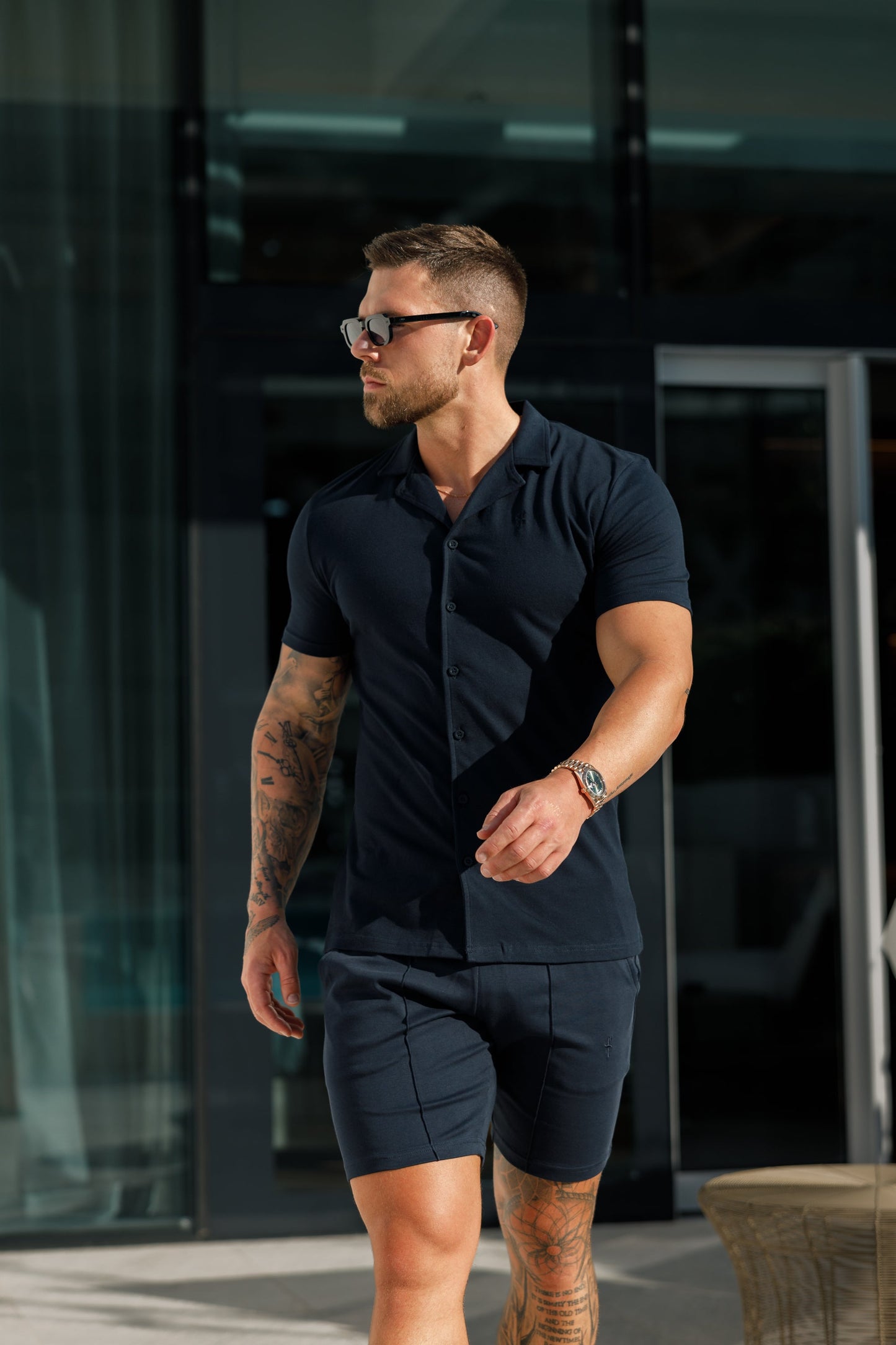 Elevate Your Style with the Father Sons Short Sleeve Navy Stretch Pique Revere Shirt - FSH1069