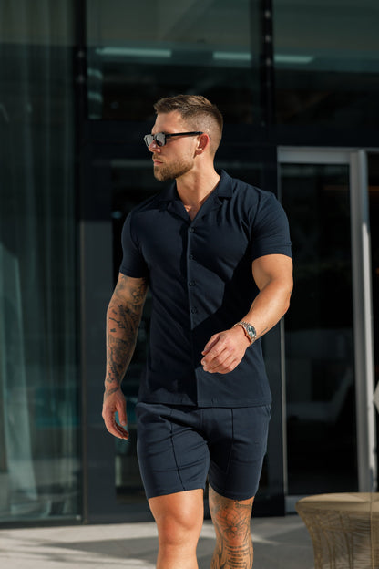 Elevate Your Style with the Father Sons Short Sleeve Navy Stretch Pique Revere Shirt - FSH1069