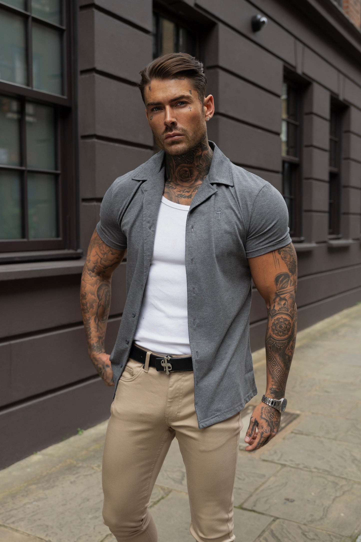Elevate Your Style with the Father Sons Stretch Dark Grey Pique Revere Short Sleeve Shirt - FSH1073