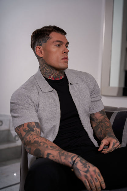 Elevate Your Wardrobe: Father Sons Light Grey Short Sleeve Knit Zip-Up with Chic Textured Design - FSN154