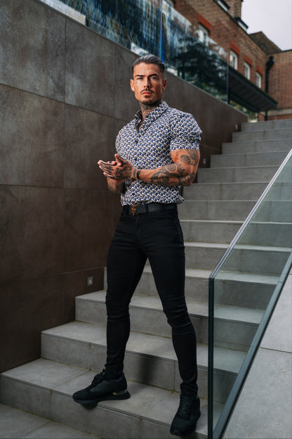 Elevate Your Style with Father Sons Super Slim Fit Blue & Beige Chevron Print Short Sleeve Shirt Featuring a Chic Button-Down Collar - FS903