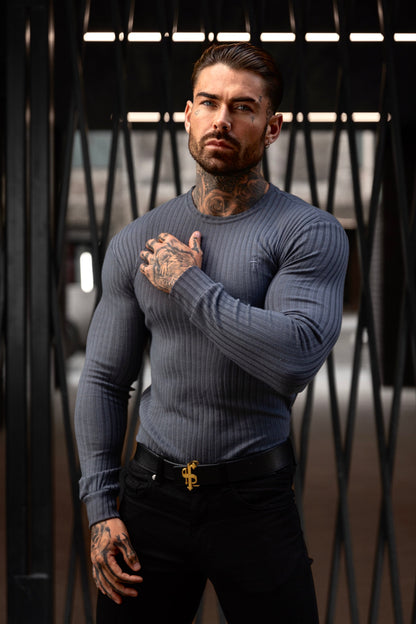 Elevate Your Wardrobe with the Father Sons Classic Charcoal Ribbed Knit Sweater Featuring Elegant Tonal Embroidery - FSH946