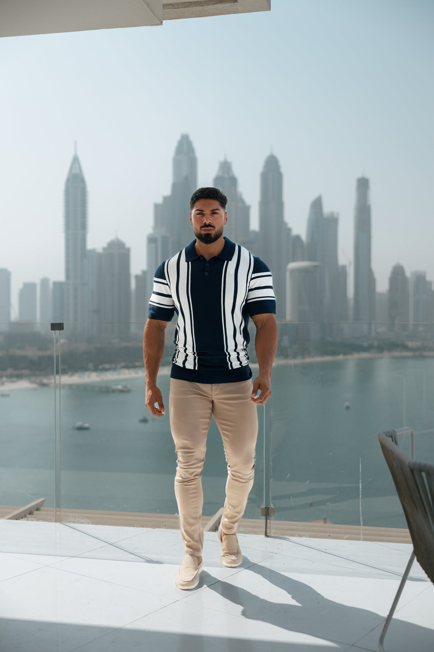 Elevate Your Style with Our Classic Navy & Off White Knitted Vertical Stripe Polo - Short Sleeve - FSN105