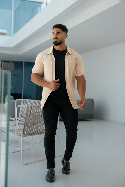 Elevate Your Style with the Father Sons Classic Beige Knitted Short Sleeve Polo – FSN104
