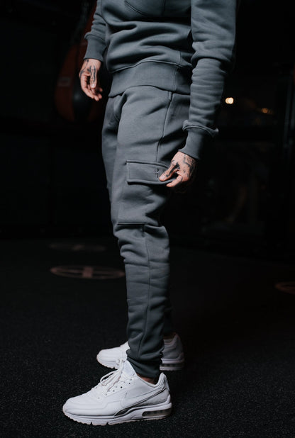 Elevate Your Style with Father Sons Dark Grey Cargo Tracksuit Bottoms – Featuring Convenient Pockets, Cuffed Hem, and Stylish FS Embroidery - FSH938