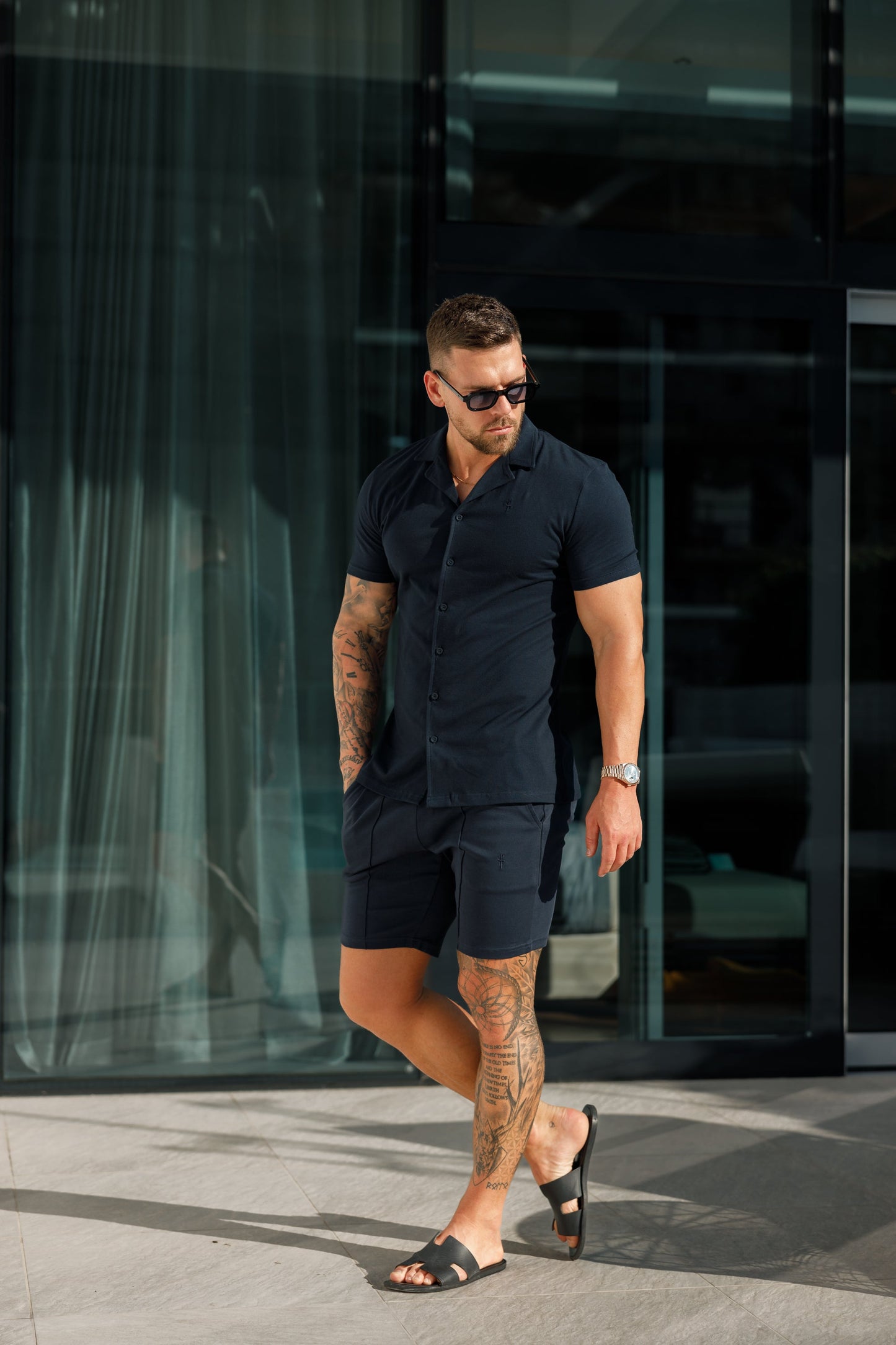 Elevate Your Style with the Father Sons Short Sleeve Navy Stretch Pique Revere Shirt - FSH1069