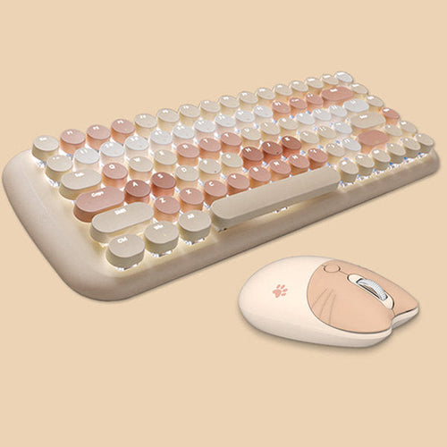 Creamy Wireless Keyboard and Mouse Set - Cute Cat Motif - 84 Keys - Smart Office Tool