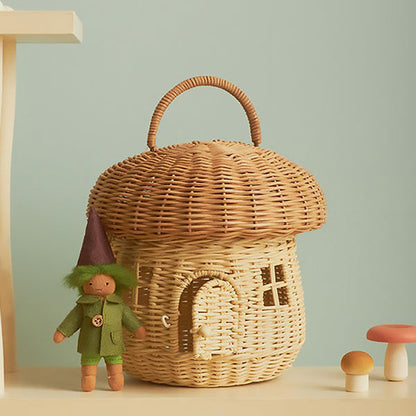 Whimsical Mushroom Woven Basket - Handcrafted - Versatile Storage - Rattan