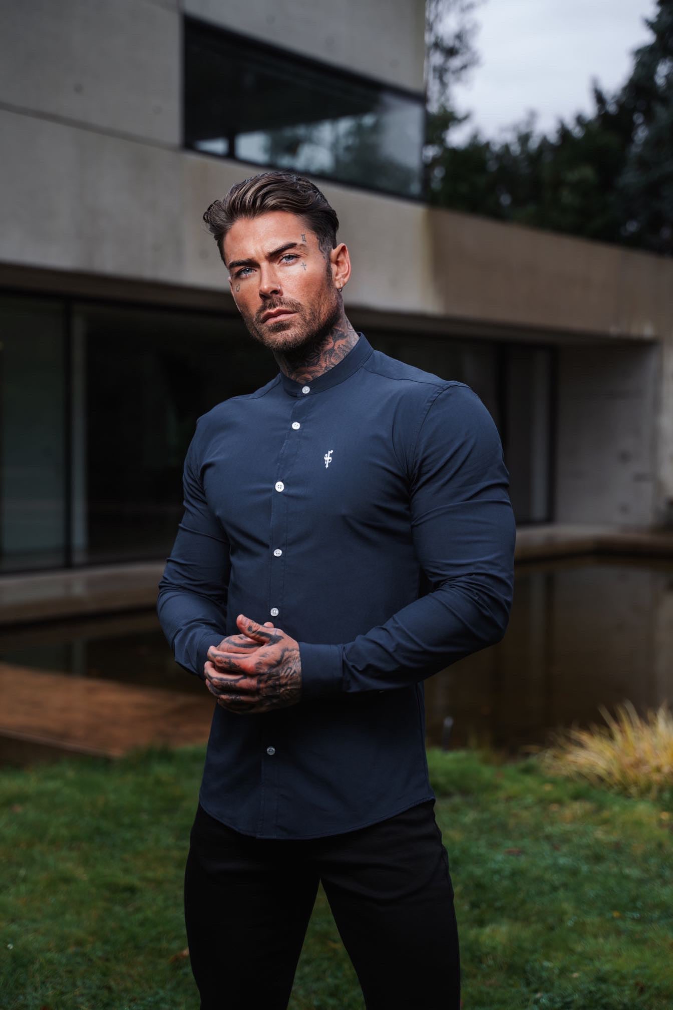 Elevate Your Wardrobe with Father Sons Super Slim Stretch Classic Navy Grandad Collar Long Sleeve Shirt - FS921