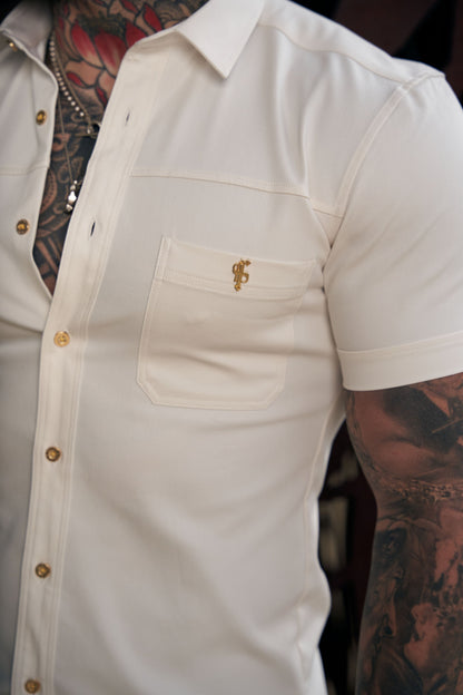 Elevate Your Style: Father Sons Super Slim Fit Cream Stretch Denim Short Sleeve Shirt with Trendy Horizontal Seam and Pocket - FS955