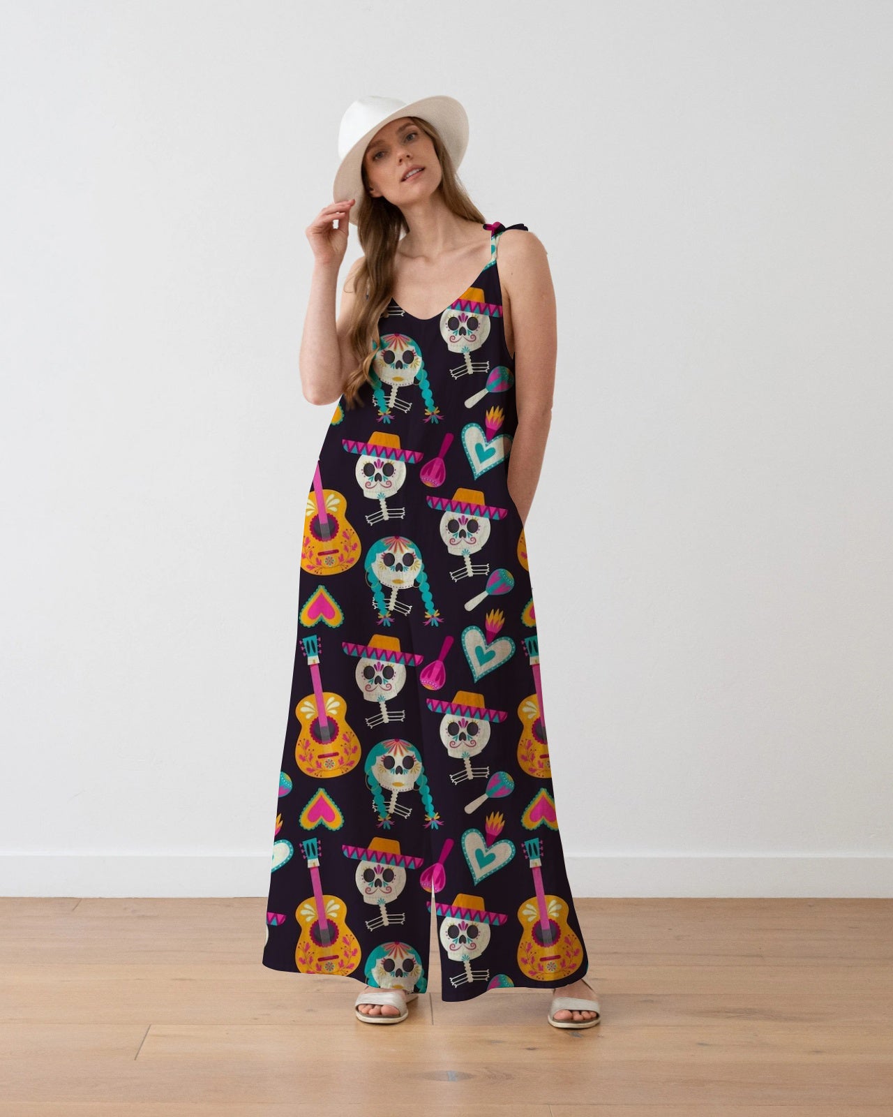 Women's Mariachi Skull Print Loose Fit Cotton and Linen Jumpsuit