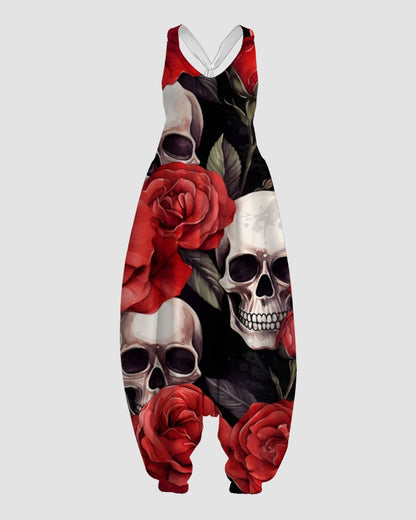 Women's Red Roses and Skull Print Sleeveless Jumpsuit Harem Pants