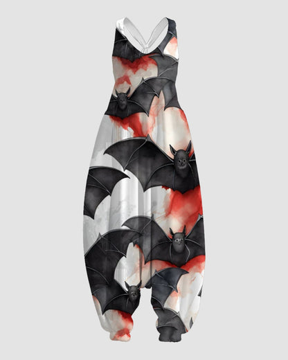Women's Flying Bat Print Sleeveless Jumpsuit Harem Pants
