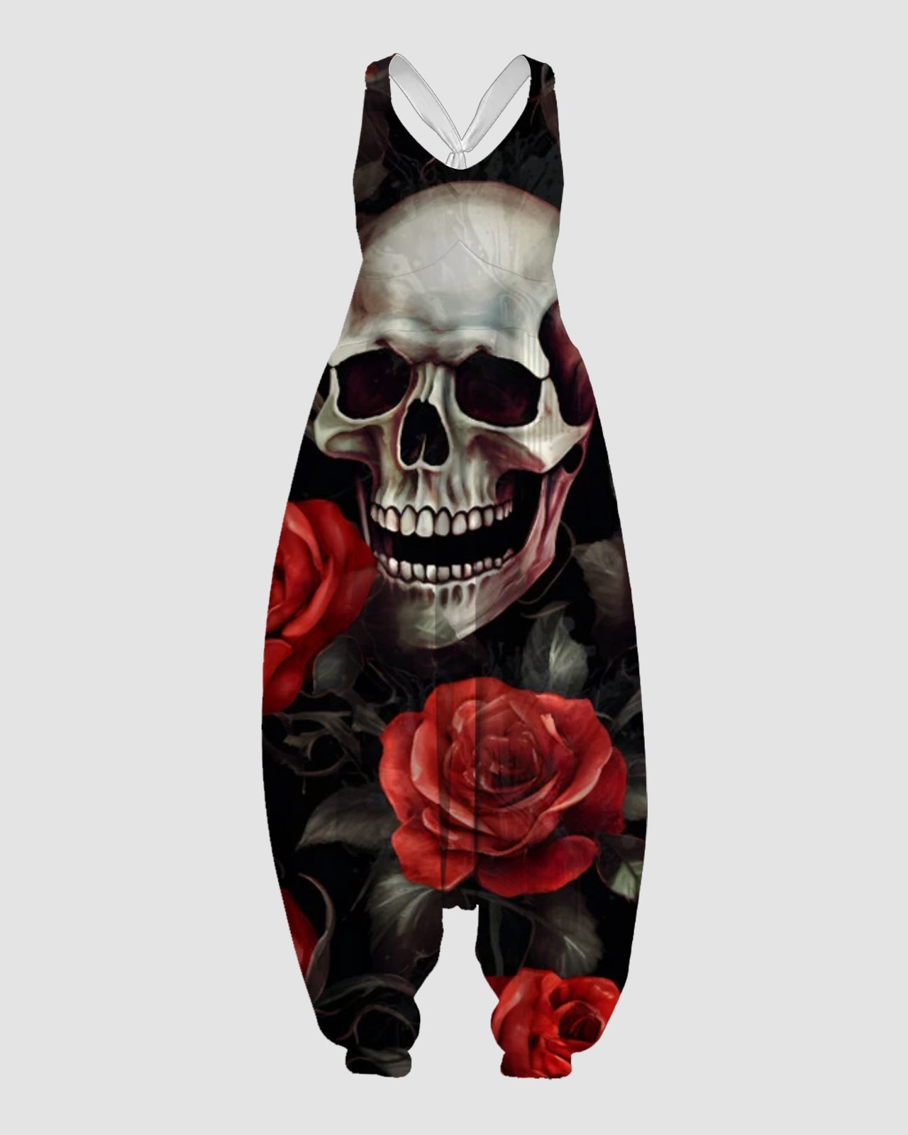 Women's Red Roses and Skull Print Sleeveless Jumpsuit Harem Pants
