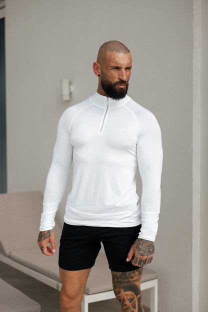 Elevate Your Workout: Father Sons White & Silver Half Zip Long Sleeve Gym Top - FSH888