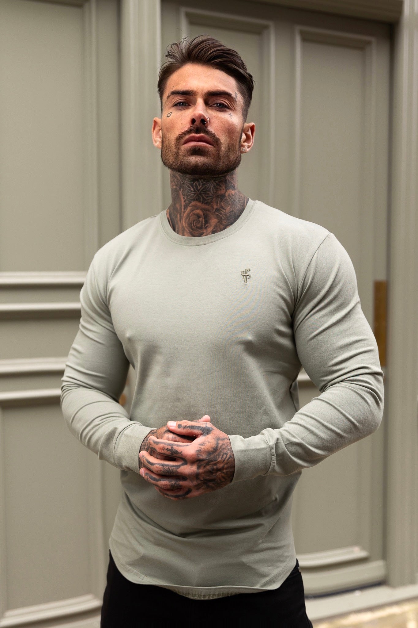 Elevate Your Wardrobe with the Father Sons Olive Tonal Curved Hem Long Sleeve Crew Tee - FSH1003