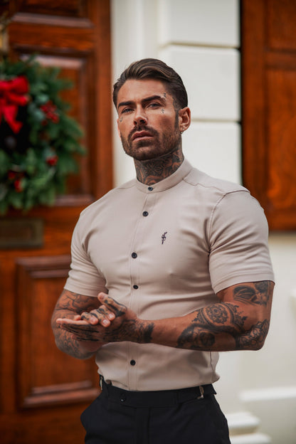 Elevate Your Style with Father Sons Super Slim Scuba Beige Short Sleeve Stretch Shirt Featuring a Chic Grandad Collar - FS940