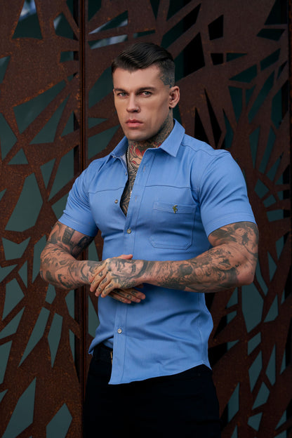 Elevate Your Style with Father Sons Super Slim Stretch Light Blue Denim Short Sleeve Shirt Featuring Horizontal Seam and Pocket - FS957