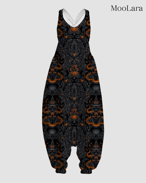 Women's Black Cat and Magic Potion Print Sleeveless Jumpsuit Harem Pants