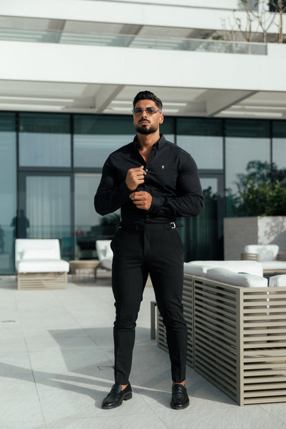 Elevate Your Style with Father Sons Slim Fit Black Stretch Trousers Featuring Luxurious Gold Waist Adjusters - FST018 (Available for Pre-Order Starting September 19th)