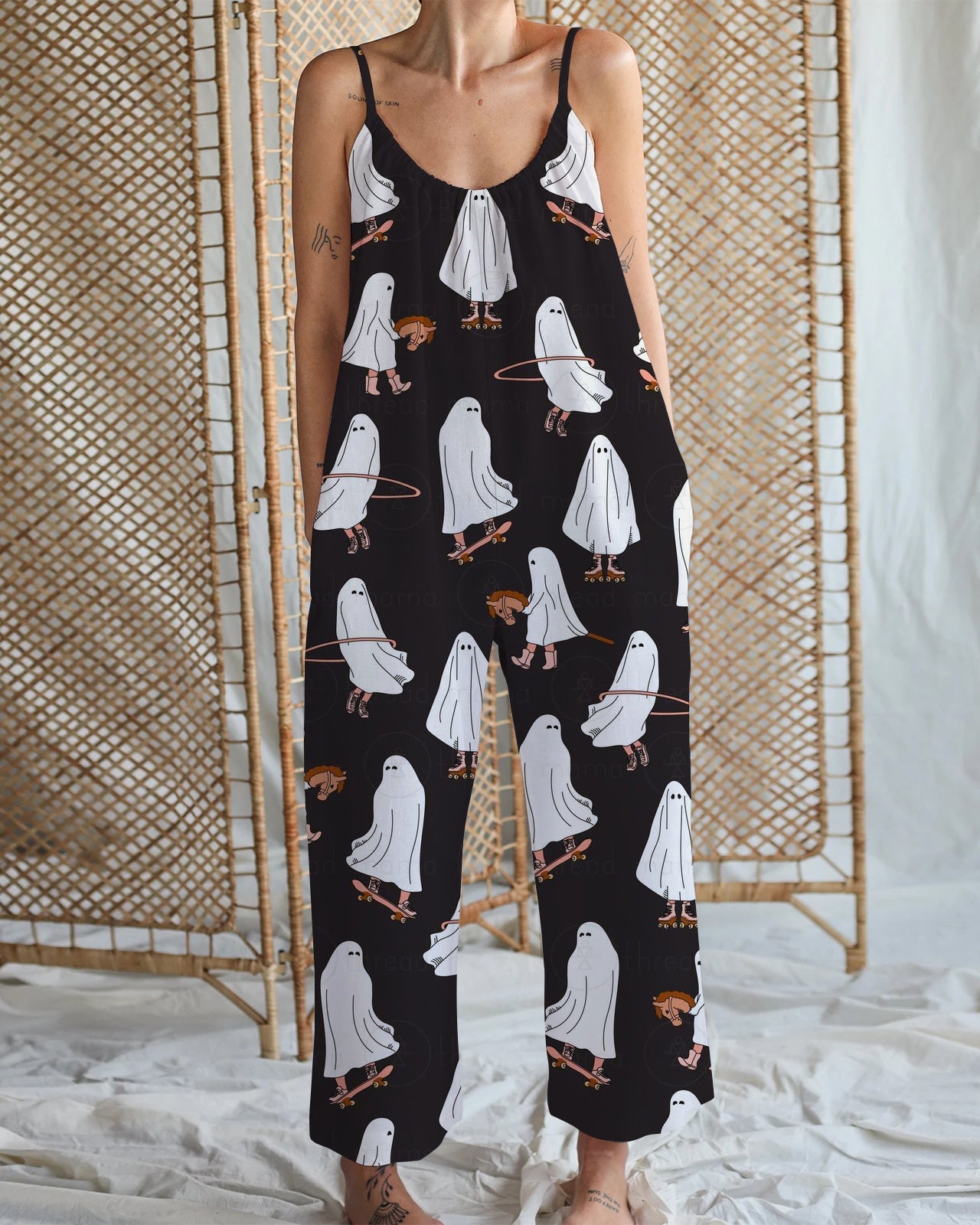 Women's Ghostly Games Print Cotton and Linen Wide Leg Strap Jumpsuit