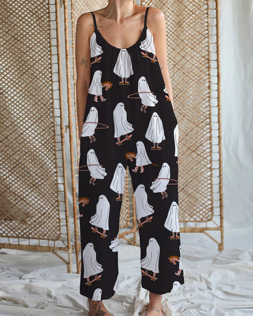 Women's Ghostly Games Print Cotton and Linen Wide Leg Strap Jumpsuit