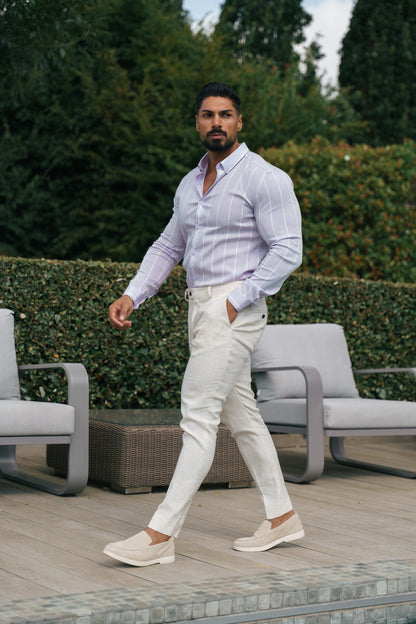 Father Sons Lilac Printed Wide Stripe Long Sleeve Shirt - Super Slim Stretch Fit with Button Down Collar - FS1067