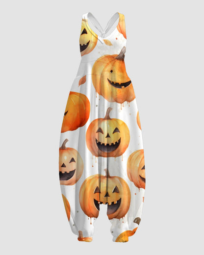 Women's Joyful Pumpkin Print Sleeveless Jumpsuit Harem Pants