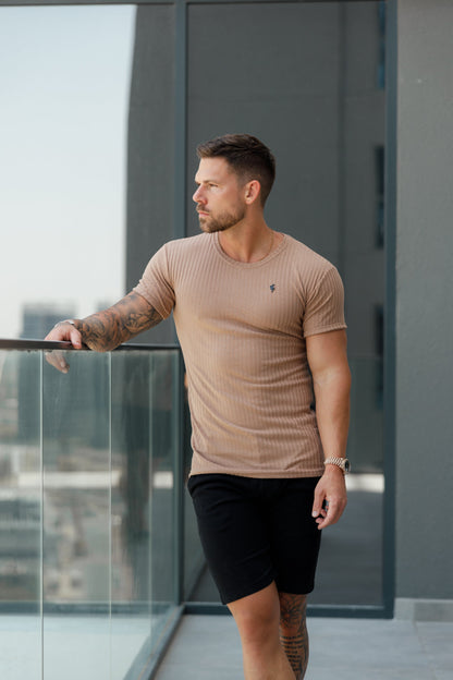 Elevate Your Wardrobe with Father Sons Classic Black Ribbed Knit Super Slim Short Sleeve Crew Tee - FSH1090