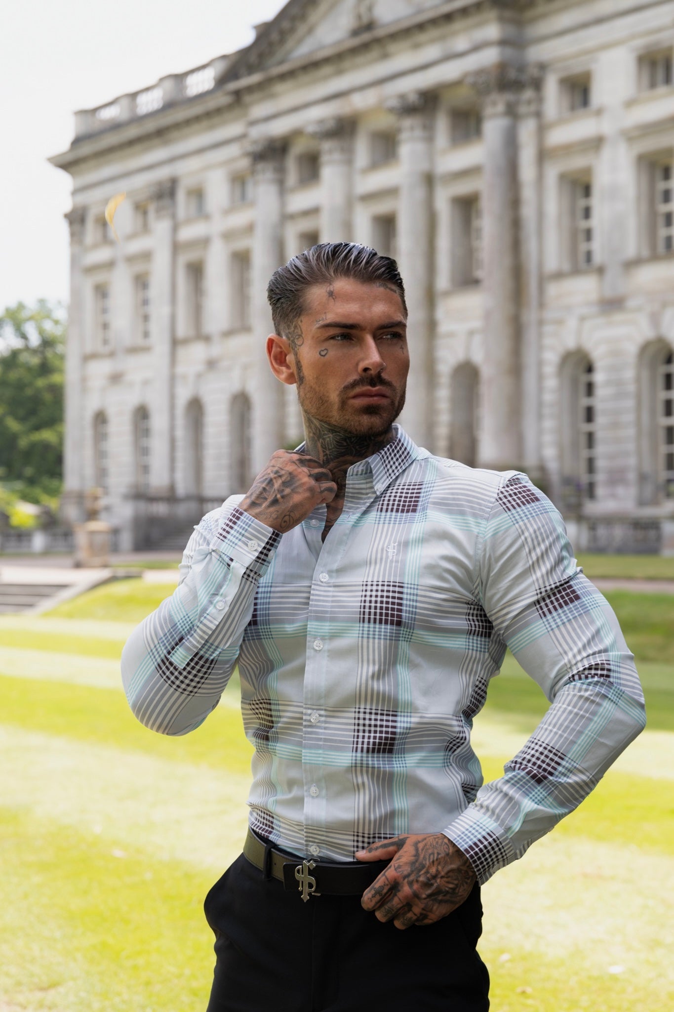 Elevate Your Style: Father Sons Super Slim Stretch Aqua Check Long Sleeve Shirt with Button Down Collar - FS914