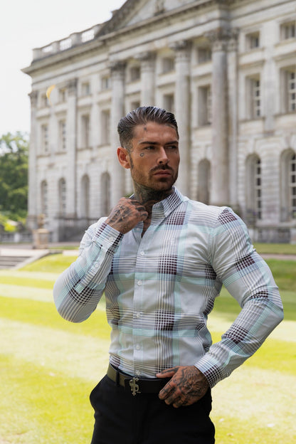 Elevate Your Style: Father Sons Super Slim Stretch Aqua Check Long Sleeve Shirt with Button Down Collar - FS914
