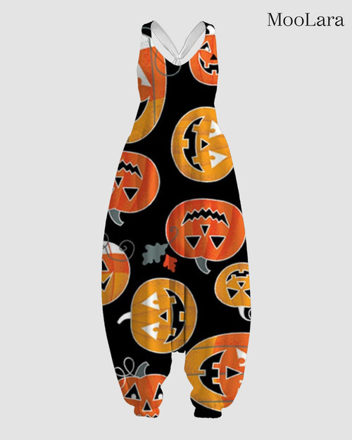 Women's Geometric Pumpkin Print Sleeveless Jumpsuit Harem Pants
