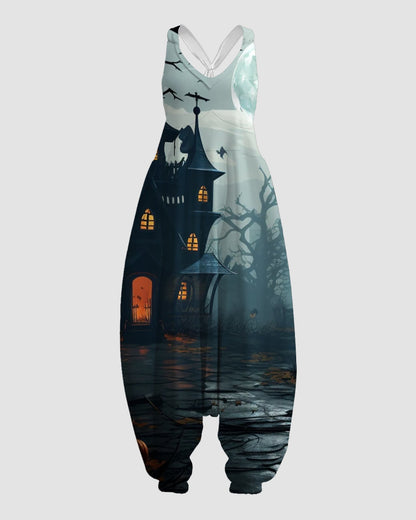 Women's Haunted House Print Sleeveless Jumpsuit Harem Pants