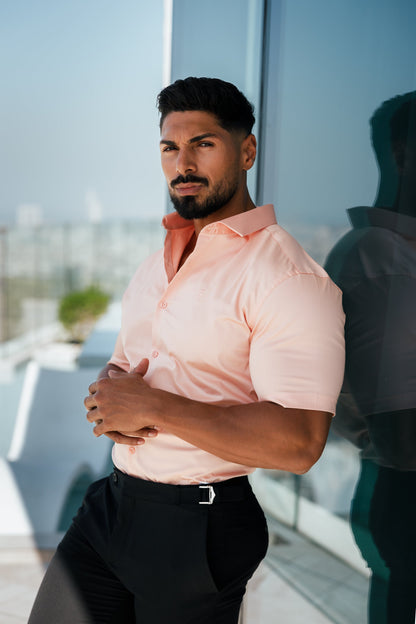Peach Slim Short Sleeve Sateen Shirt by Father Sons - FS964