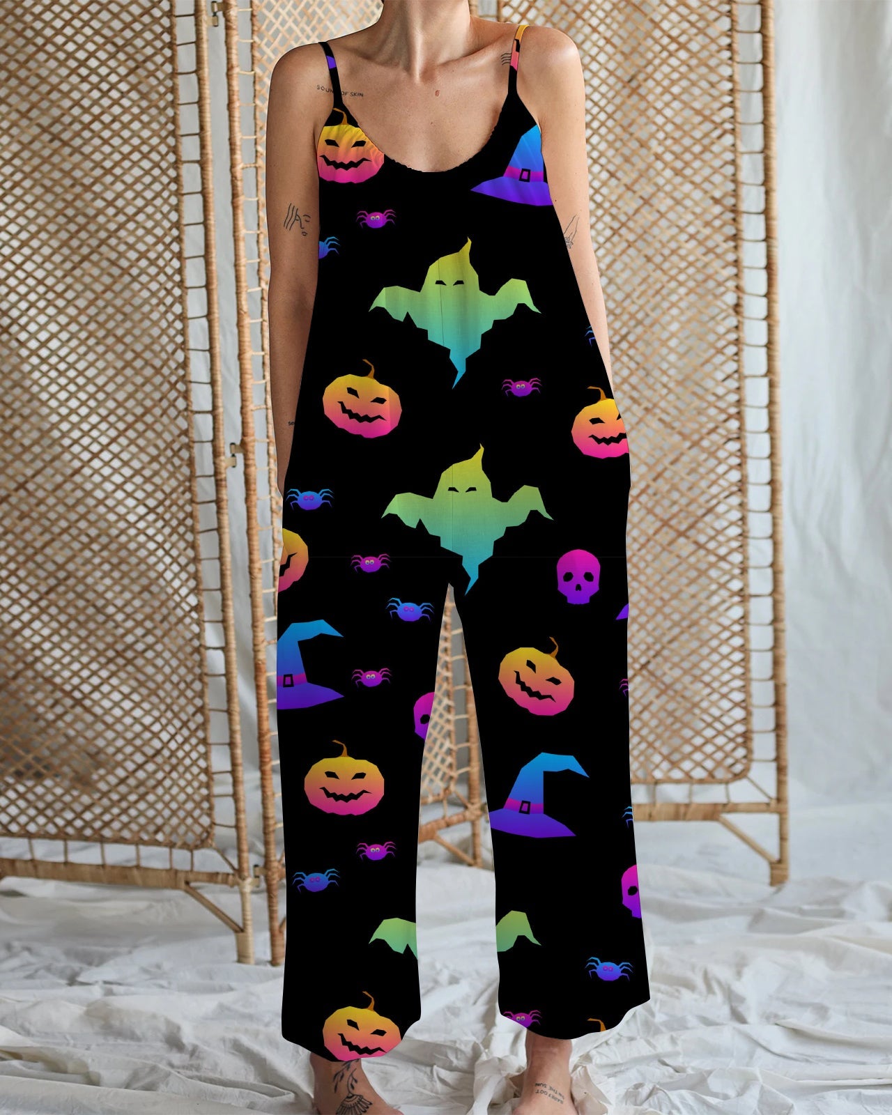 Women's Colorful Halloween Print Cotton and Linen Wide Leg Strap Jumpsuit