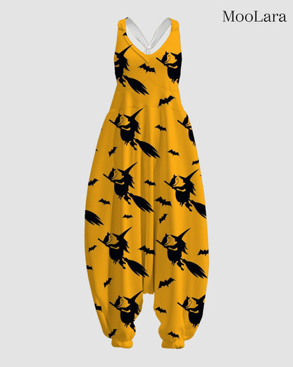 Women's Halloween Flying Witch Print Sleeveless Jumpsuit Harem Pants