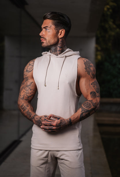 Elevate Your Workout: Father Sons Stylish Sleeveless Beige Gym Hoodie - FSH896