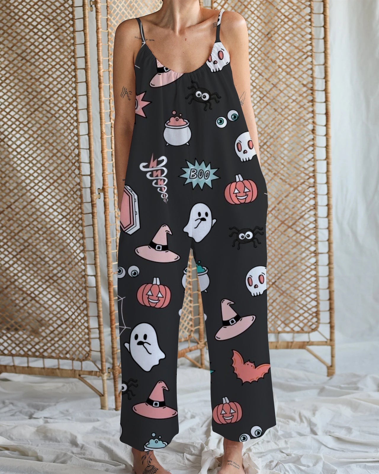 Women's Cute Halloween Pattern Print Cotton and Linen Wide Leg Strap Jumpsuit