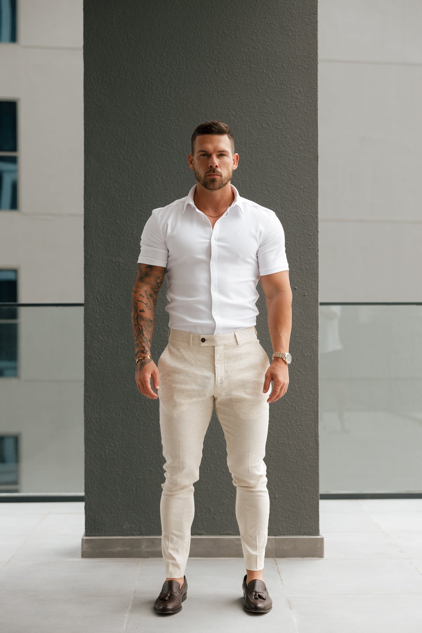 Elevate Your Style with Father Sons Slim Fit Cream Linen Trousers Featuring Belt Loops - FST019