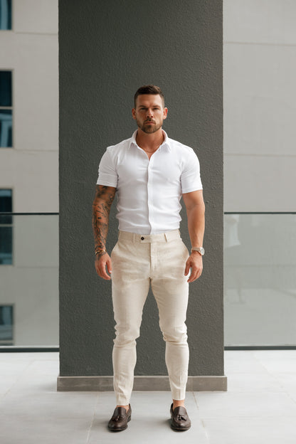 Elevate Your Style with Father Sons Slim Fit Cream Linen Trousers Featuring Belt Loops - FST019