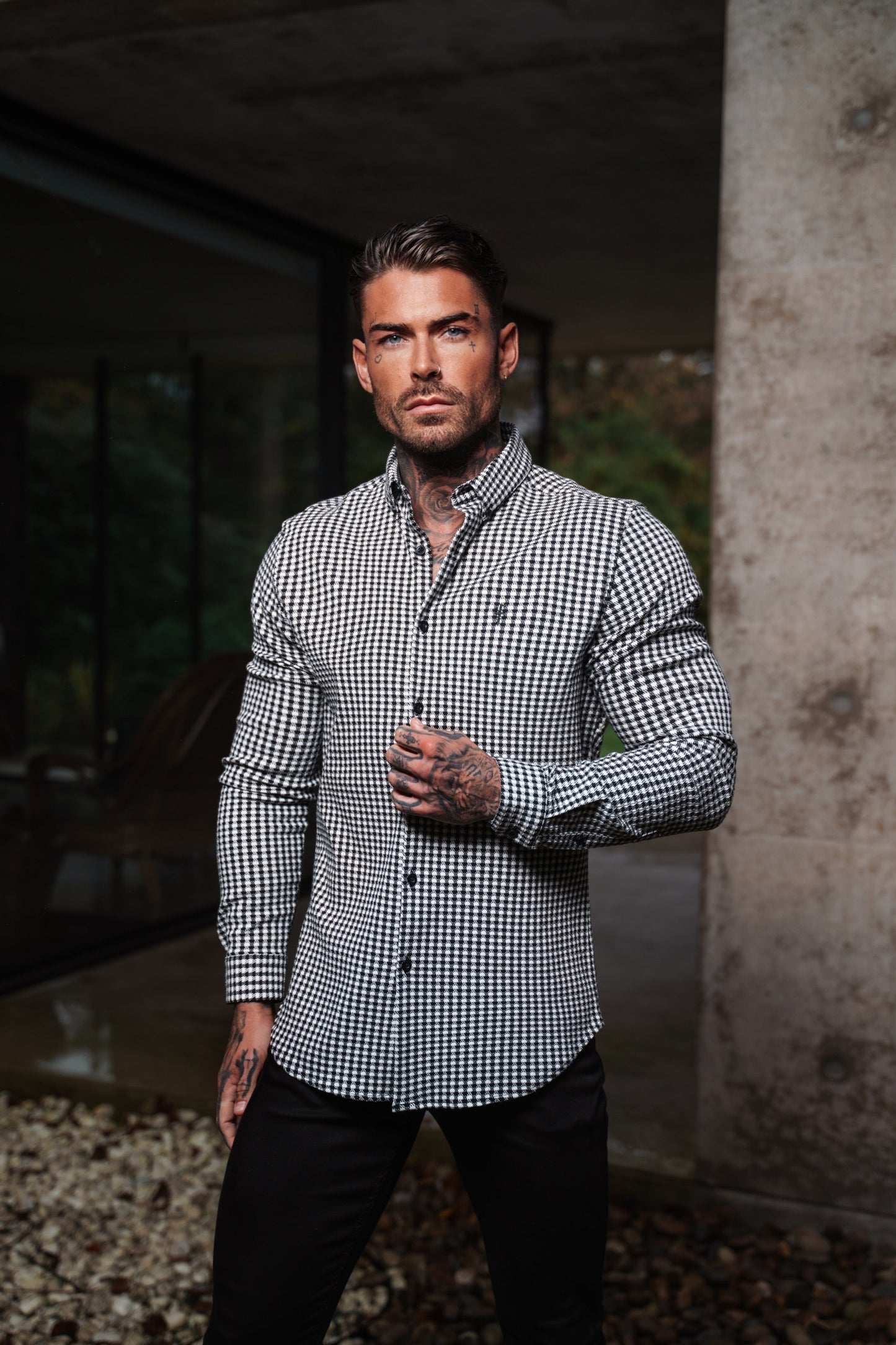 Father Sons Timeless Black & White Dogtooth Check Long Sleeve Shirt with Stylish Button-Down Collar - FS987