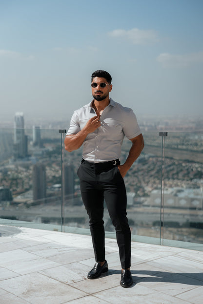 Elevate Your Style with Father Sons Super Slim Stretch Grey Denim Short Sleeve Shirt Featuring Horizontal Seam and Pocket - FS960