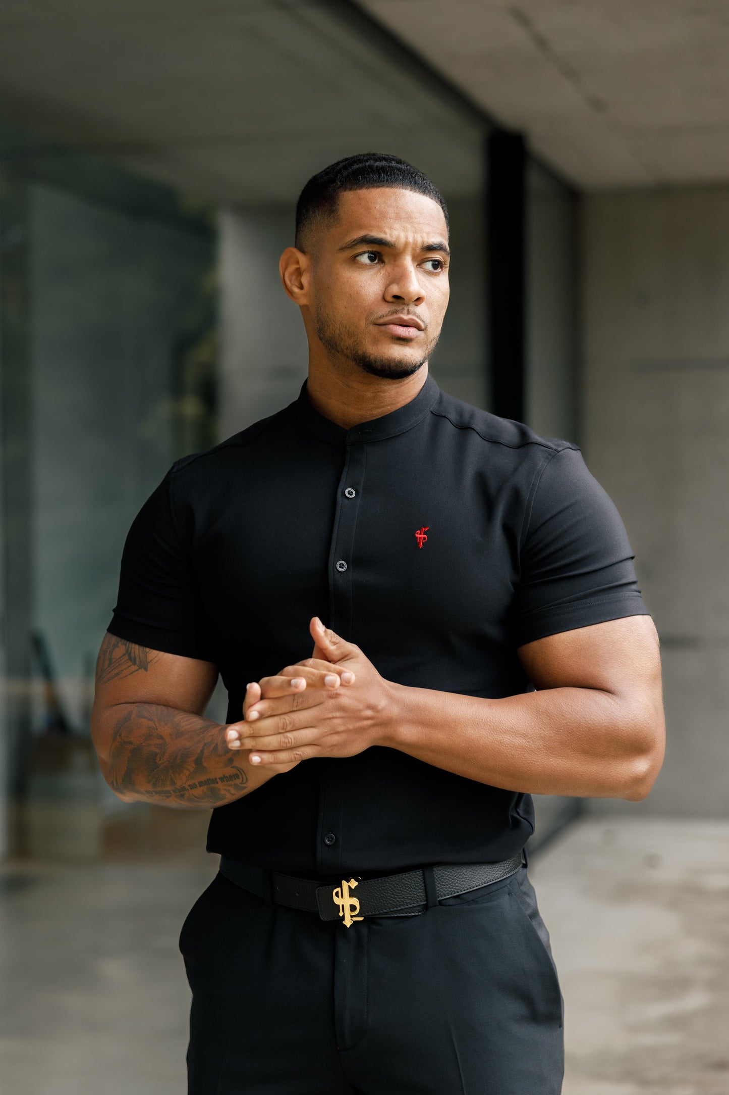 Elevate Your Style with Father Sons Super Slim Fit Black Scuba Short Sleeve Stretch Shirt Featuring a Trendy Grandad Collar - FS930