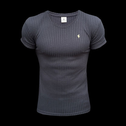 Classic Navy & Gold Ribbed Knit Super Slim Fit Short Sleeve Crew for Men - Perfect for Any Occasion!