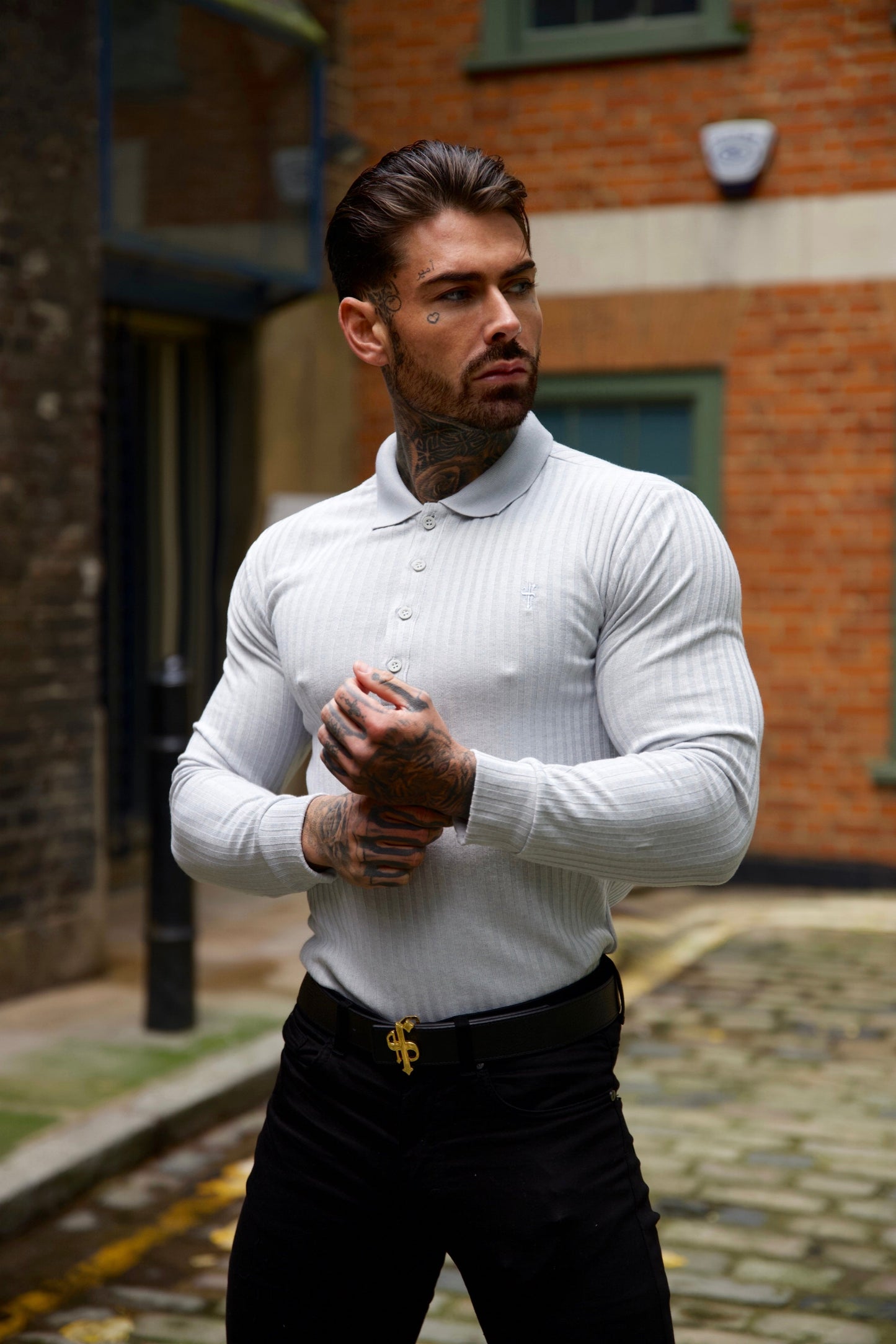 Elevate Your Style with the Father's Sons Light Grey Ribbed Long Sleeve Polo - FSH972