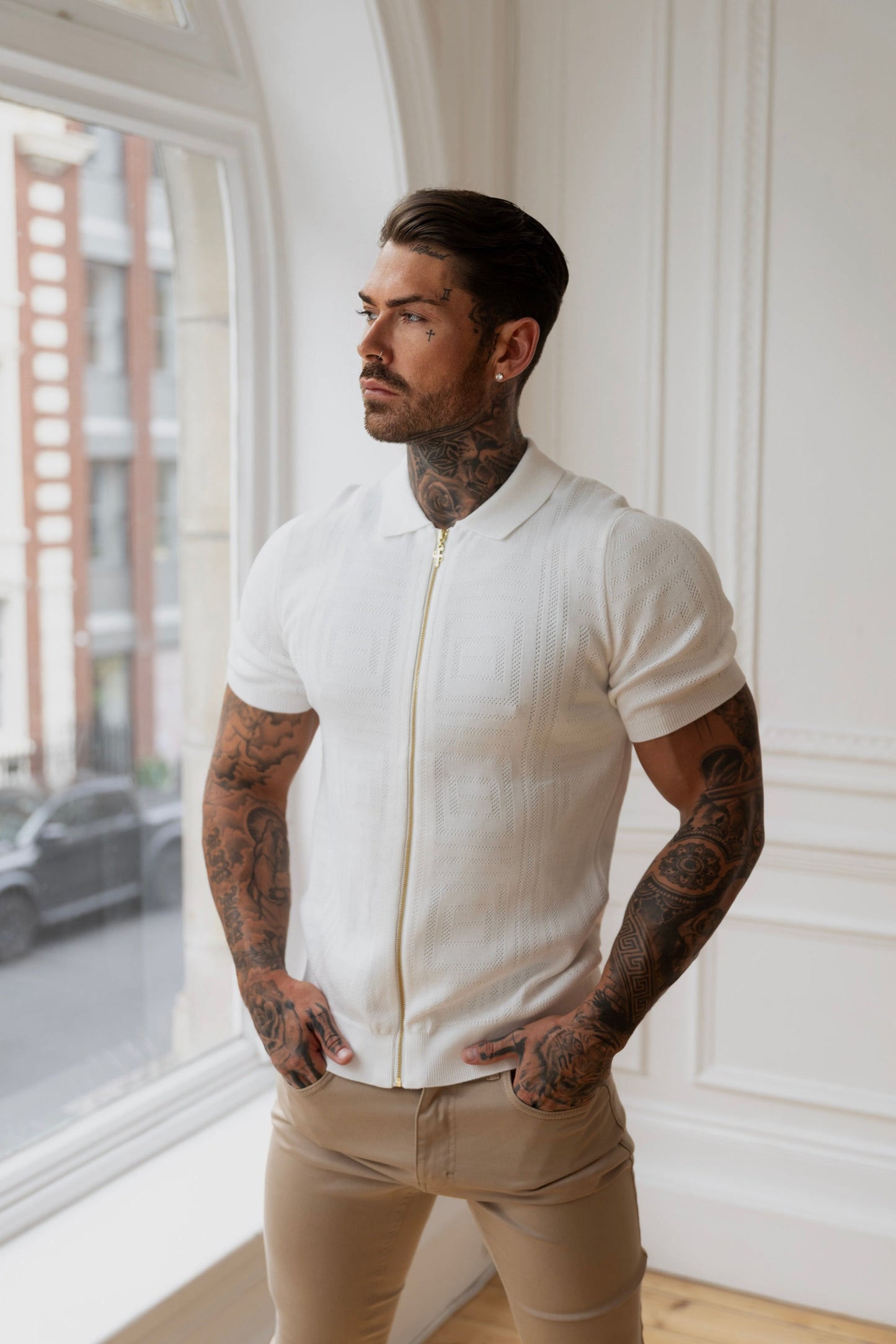 Elevate Your Style: Father Sons Classic Geo Knit Short Sleeve Zip-Up in Off White - FSN148