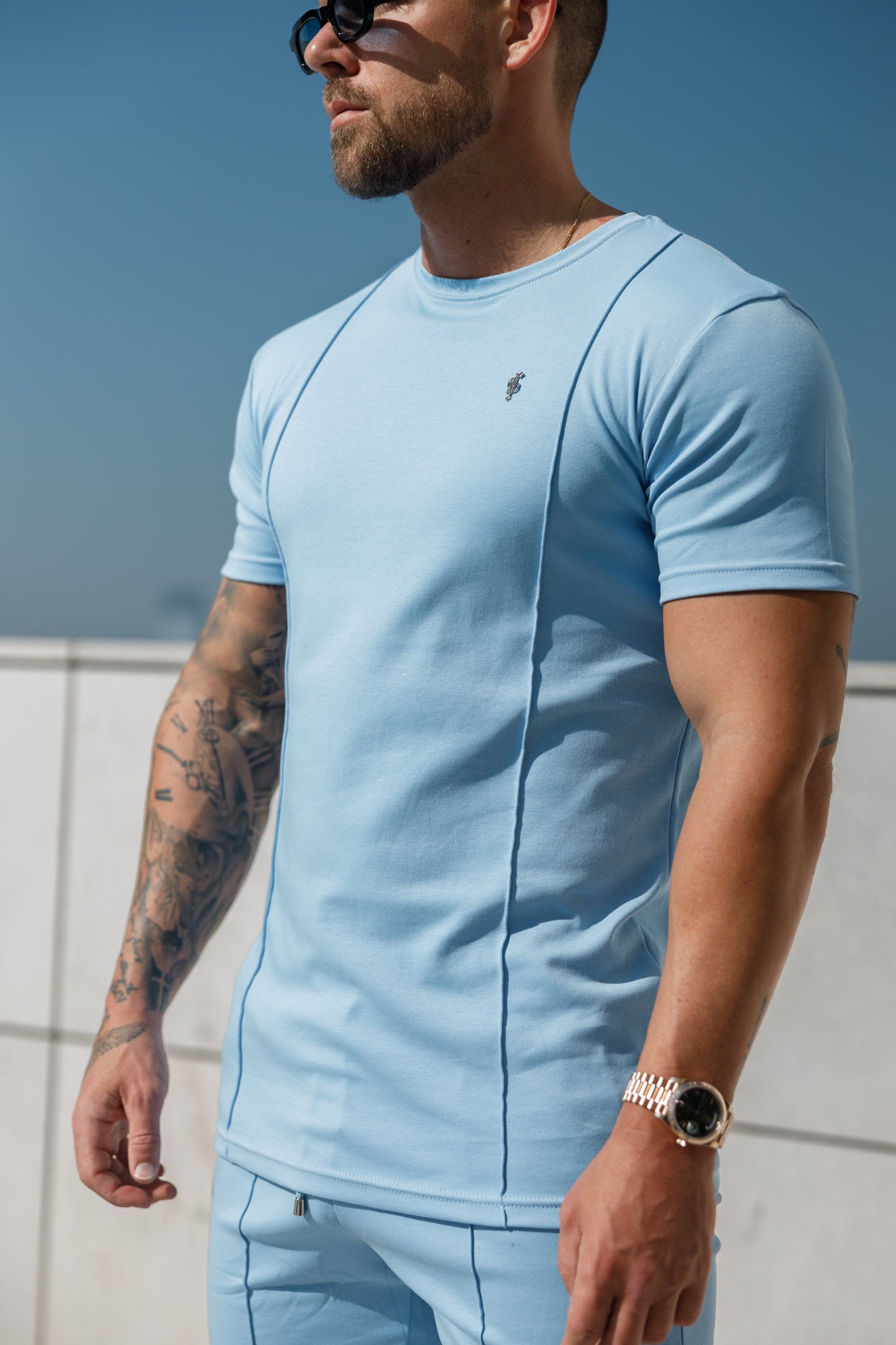 Elevate Your Style with Father Sons Light Blue & Silver Crew T-Shirt Featuring Elegant Pintuck Detail - FSH1051